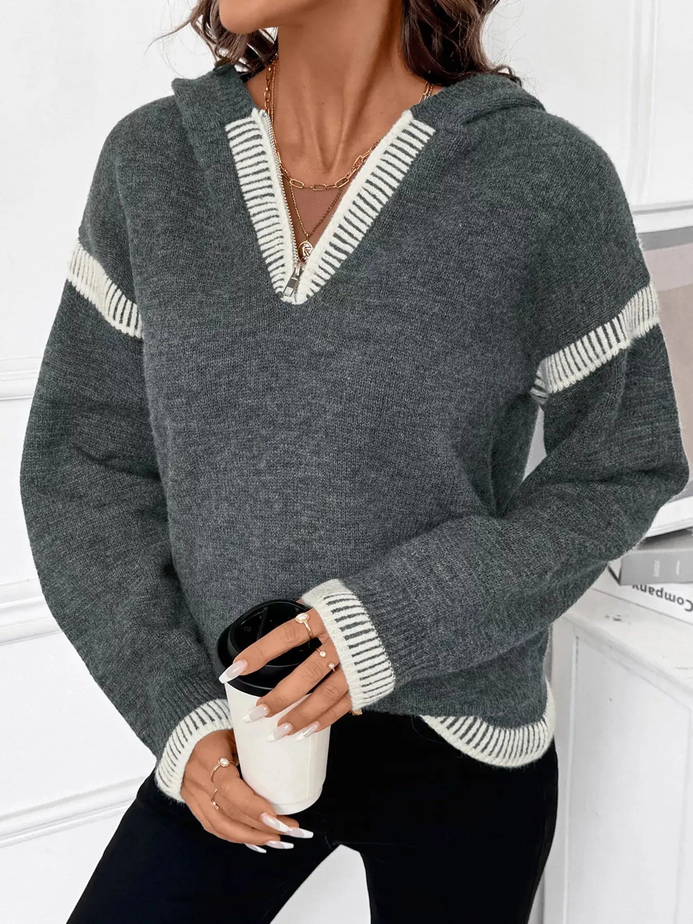 Contrast Trim Quarter Zip Hooded Sweater