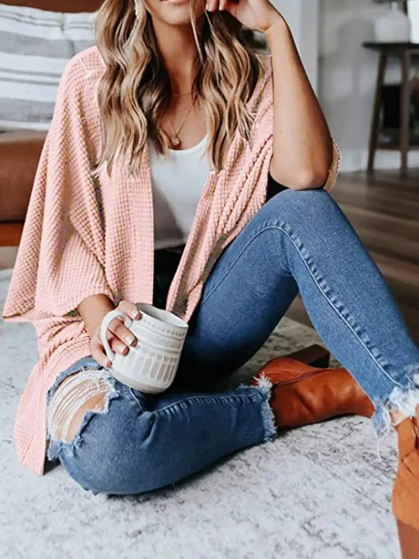 Full Size Open Front Waffle Knit Cardigan Plus Size